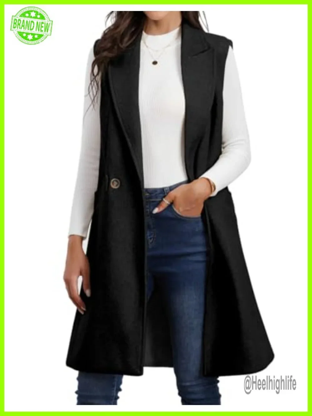 Long Sleeveless Wool Blazer Vest Jacket Waistcoat with Pockets